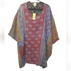 Jaded Gyspy Kantha Sunrise Poncho Top Plus OS Wide Neck Tunic Patch Pockets New